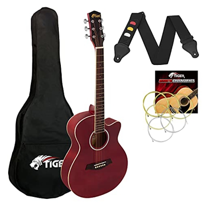 TIGER Chitarra acustica 3/4 con corpo piccolo con corde in acciaio per bambini dai 9 anni in su con borsa, tracolla, corde di ricambio e plettri - Ros