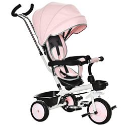 HOMCOM Triciclo per Bambini 2 in 1 Passeggino Reversibile con Maniglione, Tettuccio e Barra Rimovibili Poggiapiedi Pieghevole, Età 1-5 Anni, Rosa características