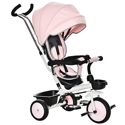 HOMCOM Triciclo per Bambini 2 in 1 Passeggino Reversibile con Maniglione, Tettuccio e Barra Rimovibili Poggiapiedi Pieghevole, Età 1-5 Anni, Rosa