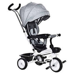 HOMCOM Triciclo per Bambini 2 in 1 Passeggino Reversibile con Maniglione, Tettuccio e Barra Rimovibili Poggiapiedi Pieghevole, Età 1-5 Anni, Grigio en oferta