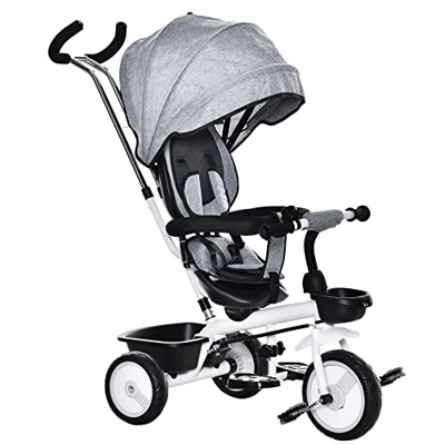HOMCOM Triciclo per Bambini 2 in 1 Passeggino Reversibile con Maniglione, Tettuccio e Barra Rimovibili Poggiapiedi Pieghevole, Età 1-5 Anni, Grigio