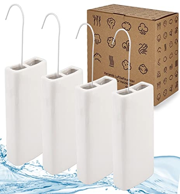 Umidificatore per riscaldamento, set da 4 pezzi, con ganci – 400 ml – evaporatore in ceramica – beige opaco – evaporatore per termosifoni – neutrale
