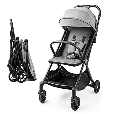 Besrey Passeggino Leggero da Viaggio, Compatto Grigio, Reclinabile per la Nanna, Chiusura Rapida con Una Mano Sola, Omologato da 0 Mesi a 15kg, Portat