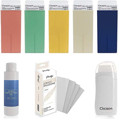 CLICSON® -002KIT- Kit OLIO 50- Manipolo Stendicera a Rullo+5 Cartucce Cera+1 Olio Post Cera+50 Strisce TNT Pretagliate - Tutto Made in Italy