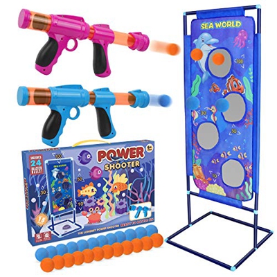 STOTOY Shooting Game Set, Gioco di Tiro per Bambini con 2 Palle di Schiuma Popper Air Toy Gun e Bersaglio di Tiro in Piedi e 24 Palle di Schiuma, 5 6 