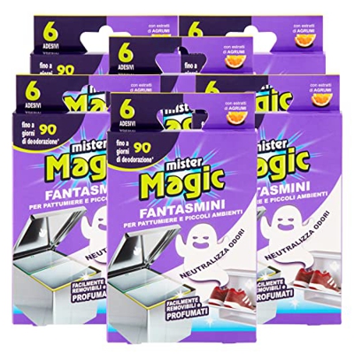 MISTER MAGIC 6X Fantasmini Neutralizza Odori per Pattumiere Scarpiere e Piccoli Ambienti Fino a 90 Giorni di Deodorazione con Estratti di Agrumi - 6 C