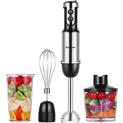 Sunmaki Frullatore a Immersione, Minipimer 4 in 1 con Tritatutto da 500ml, Becher da 600 ml, Frusta in Acciaio Inossidabile, 6 Velocità Regolabile, Mu características