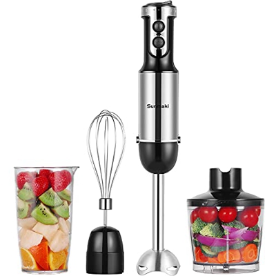 Sunmaki Frullatore a Immersione, Minipimer 4 in 1 con Tritatutto da 500ml, Becher da 600 ml, Frusta in Acciaio Inossidabile, 6 Velocità Regolabile, Mu