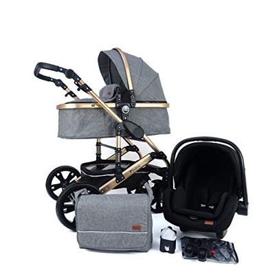 Pixini Passeggino Trio California, 3 in 1 Carrozzina Ovetto Pieghevole, Accessori, Bambini (Oro/Grigio)