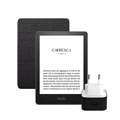 Kindle Paperwhite Essentials Bundle con Kindle Paperwhite (8 GB, senza pubblicità), Custodia Amazon in tessuto e Caricabatterie USB Amazon PowerFast (