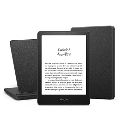 Kindle Paperwhite Essentials Bundle con Kindle Paperwhite Signature Edition (32 GB, senza pubblicità), Custodia Amazon in pelle e Base di ricarica wir