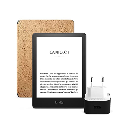 Kindle Paperwhite Essentials Bundle con Kindle Paperwhite (8 GB, senza pubblicità), Custodia Amazon in sughero resistente all’acqua e Caricabatterie U