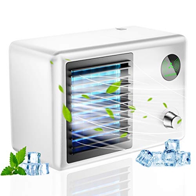 Ventilatore portatile per condizionatore d'aria, umidifica e purifica lo spazio Serbatoio dell'acqua da 400 ml con luce LED a colori e 3 velocità del