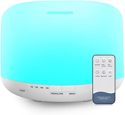 Diffusore di aromi, 500 ml, senza BPA, umidificatore a ultrasuoni con telecomando e 7 luci a LED cambiabili, diffusore di oli profumati, spegnimento a