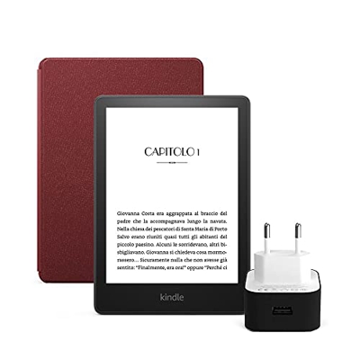 Kindle Paperwhite Essentials Bundle con Kindle Paperwhite (8 GB, con pubblicità), Custodia Amazon in pelle e Caricabatterie USB Amazon PowerFast (9 W)