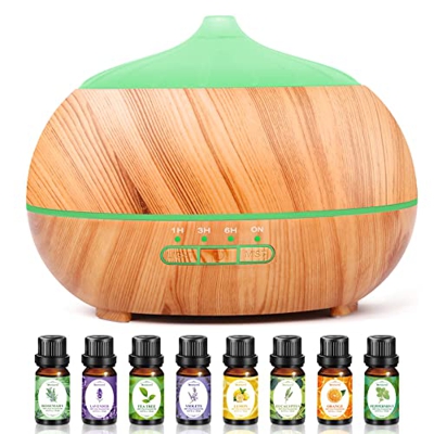 Diffusore di Oli Essenziali Umidificatore Ultrasuoni: 500ML Diffusore di Aromi con 8x10ml Oli Essenziali - Diffusore Ambienti Legno con 7 Colori LED V