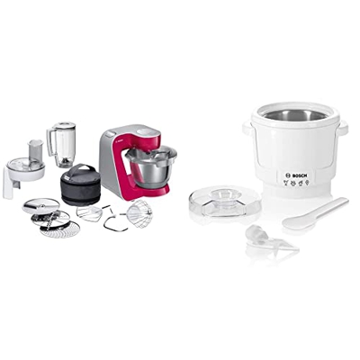 Bosch MUM5 Impastatrice Planetaria Robot da Cucina Multifunzione, 1000 W, 7 Velocità & MUZ5EB2 Gelatiera per Macchina da Cucina, Plastic, Bianco