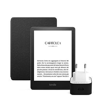 Kindle Paperwhite Essentials Bundle con Kindle Paperwhite (8 GB, senza pubblicità), Custodia Amazon in pelle e Caricabatterie USB Amazon PowerFast (9 