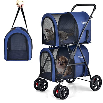 COSTWAY Passeggino per Animali Domestici, Carrello Multifunzionale 4 in 1 a Doppio Livello, Passeggino Pieghevole Smontabile con 4 Ruote, Ideale per P