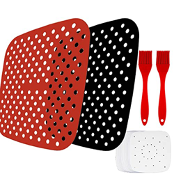 Wybtbm Tappetino per Friggitrice ad Aria, 2 pezzi Riutilizzabili Silicone Tappetino, 50 Pezzi Pergamena Carta, 2 pezzi di Spazzole in Silicone (quadra precio