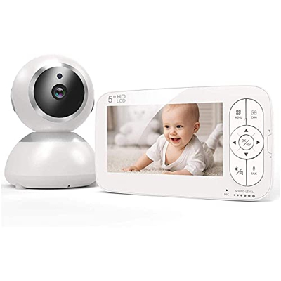 QCSMegy Baby Monitor, Baby Monitor Homeasy 720P 5" HD Video con Videocamera e Audio, Visione Notturna, Zoom 2X Regolabile, Batteria con Monitor Termic