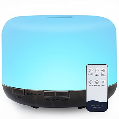 500ml Diffusore di Oli Essenziali, Senza BPA Umidificatore ad Ultrasuoni con Telecomando e 7 Diverse Luci -Spegnimento Automatico Senza Acqua