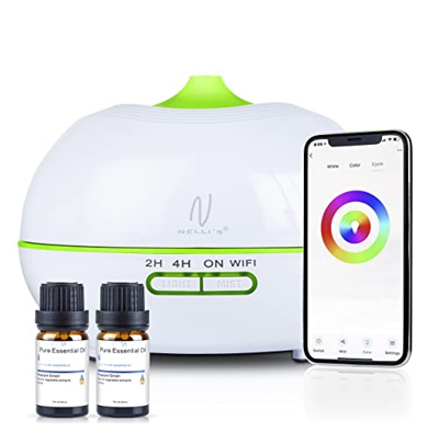 NELLI'S® Diffusore Di Oli Essenziali Profumatore per ambienti Umidificatore ambiente Vaporizzatore 400 ml Version 2022 con 2 Oli essenziali BIANCO LUC