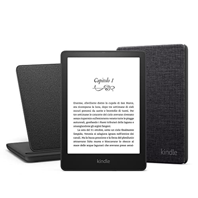 Kindle Paperwhite Essentials Bundle con Kindle Paperwhite Signature Edition (32 GB, senza pubblicità), Custodia Amazon in tessuto e Base di ricarica w