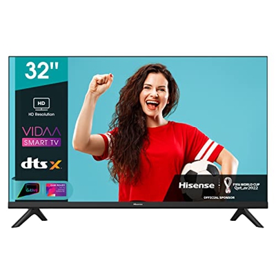 Hisense 32" LED HD Ready 2022 32A4FG, Smart TV VIDAA 4.2, Audio 2.0 12W, Controlli vocali Alexa, Tuner DVB-T2/S2 HEVC 10, lativù, Telecomando RaiPlay,