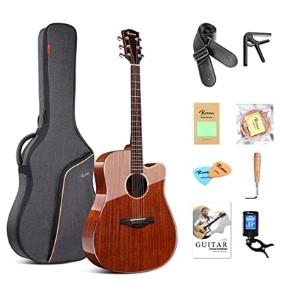 Rosen Chitarra Acustica 4/4 Top In Abete massello 41 Pollici Guitarra Full Size Cutaway con Finitura Lucida Bundle Starter Kit con Custodia Morbida, A