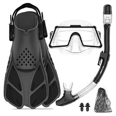 JEMULICE Maschera e Pinne per Adulti, Maschera Subacquea Professionale Panoramica a 180 Gradi, Apnea e Set Snorkeling con Pinne e di Tubi a Secco,Masc