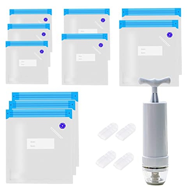 Annalocker 15pcs Set di Sacchetti Sottovuoto, Sacchetti Sottovuoto Riutilizzabili 1 Pompa a Mano, 4 Clip di Chiusura, Sacchetti con Cerniera Sottovuot