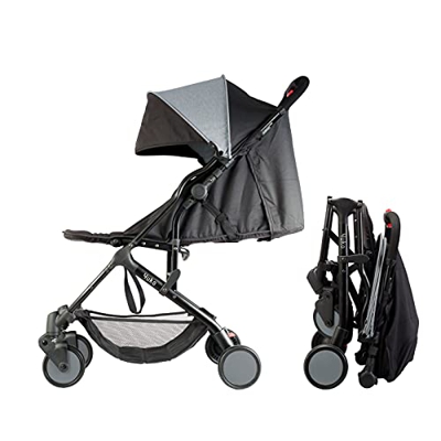 Bambisol YUKO² - Passeggino Citadina ultra compatto, pieghevole con 1 mano, tracolla e borsa da trasporto, con visiera, colore: Grigio