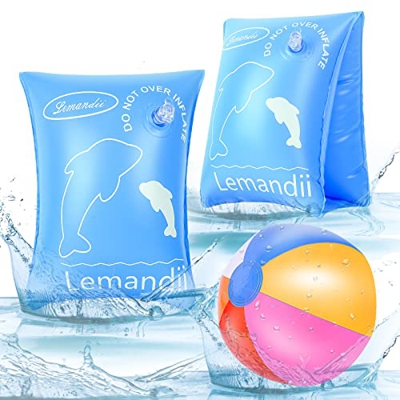 Herefun Bracciali Gonfiabili per Bambini, Bracciali da Nuoto + Pallone da spiaggia, Anello di Nuoto Galleggiante Braccioli Galleggianti, Gonfiabili da