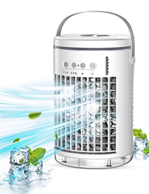 Hiktench Condizionatore D'aria Portatile, 4 In 1 Raffreddatore D'aria con Serbatoio d'acqua da 1400ML, Telecomando, Luce a LED 2 Modalità di Vento 3 L