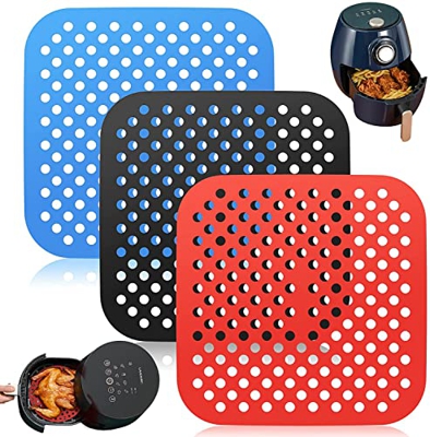 Tappetini per Friggitrice ad Aria, 3 Quadrati Tappetini in Silicone per Friggitrice ad Aria, Riutilizzabile Antiaderente Tappetino(22cm)