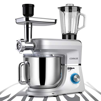 COOKLEE robot da cucina 6 in 1, impastatrice, frullatore elettrico a 10 velocità, 8 l, 1500 W, con gancio per impastare, ciotola, mazza, frusta e cope