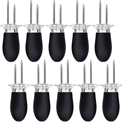 Set di 10 Barbecue Forchettone, Spiedini Forcella della Frutta per Pannocchie Griglia per Feste, Picnic, Acciaio Inox, Nero