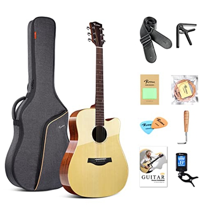 Rosen Chitarra Acustica 4/4 Top In Mogano Massiccio 41 Pollici Guitarra Full Size Cutaway con Finitura Lucida Starter Kit con Custodia Morbida, Accord