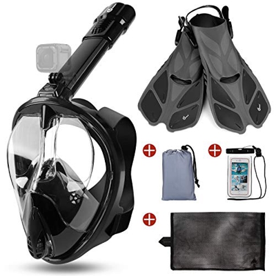 Odoland Set Snorkeling 5 in 1 con Maschera Snorkeling Vista Panoramica 180° Pinne Regolabile Borsa Custodia Impermeabile, Set Maschera Subacquea per A