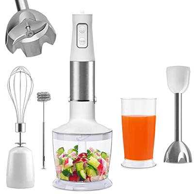 Frullatore a Immersione 1000W, Mixer ad Immersione 5 in 1 Inossidabile 304, Minipimer con Tritatutto da 500ml, Tazza Frullatore da 600 ml, 6 Velocità 