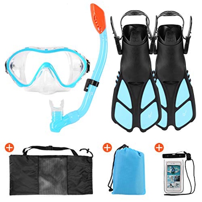 Odoland Set Snorkeling 6-in-1 per Bambini tra 6-16 Anni, Dry Top Maschera Snorkeling Antiappannamento Anti-Perdita con Pinne Nuoto Regolabili, Coperta