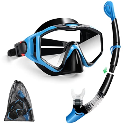 Odoland Set da Snorkeling per Adulti, Tubo Dry Top Pieghevole Anti-Perdite, Maschera Snorkeling Vetro Temperato Resistente agli Urti e Anti Nebbia per