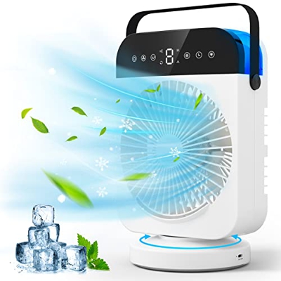 Ventilatore Oscillante, Ventilatore Mobile da Tavolo con Funzione Girevole, USB Condizionatori Mobili Raffrescatore con LED, Raffrescatore Evaporativo