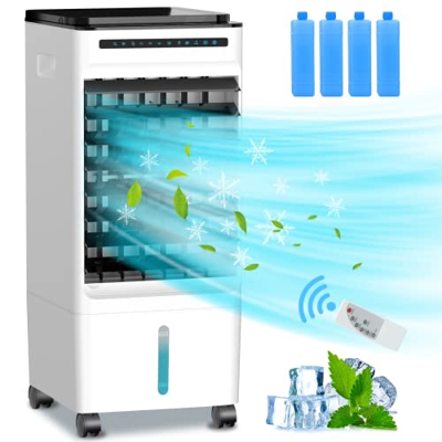 Raffreddatore d'Aria Evaporativo 5L, 65W Condizionatore d'Aria Mobile, 4 in 1 Ventilatore del Climatizzatore con 3 Modalità, Funzione Ioni Negativi, 1