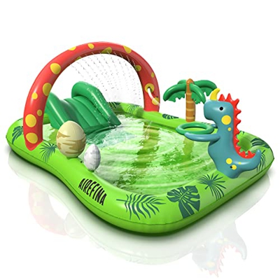Piscinette per Bambini, Centro Giochi Gonfiabile a tema Dinosauri Airefina con Scivolo d'acqua e arco per Irrigatore, Piscina Gonfiabile Baby 97" x 76