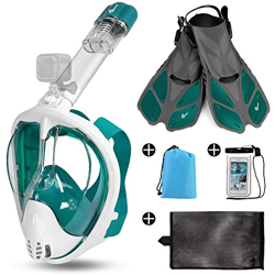Odoland Set Snorkeling 5 in 1 con Maschera Snorkeling Vista Panoramica 180° Pinne Regolabile Borsa Custodia Impermeabile, Set Maschera Subacquea per A características