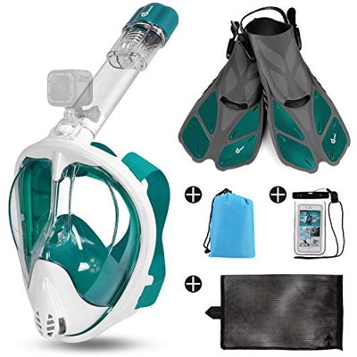 Odoland Set Snorkeling 5 in 1 con Maschera Snorkeling Vista Panoramica 180° Pinne Regolabile Borsa Custodia Impermeabile, Set Maschera Subacquea per A
