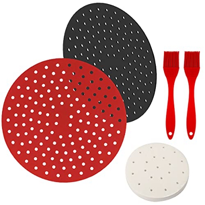 Wybtbm Tappetino per Friggitrice ad Aria, 2 pezzi Riutilizzabili Silicone Tappetino, 50 Pezzi Pergamena Carta, 2 pezzi di Spazzole in Silicone (tondo,