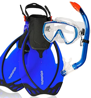 AQUAZON MIAMI set boccaglio, set da nuoto, set per immersioni, occhiali subacquei in vetro temperato antiappannamento, silicone, pinne regolabili per 